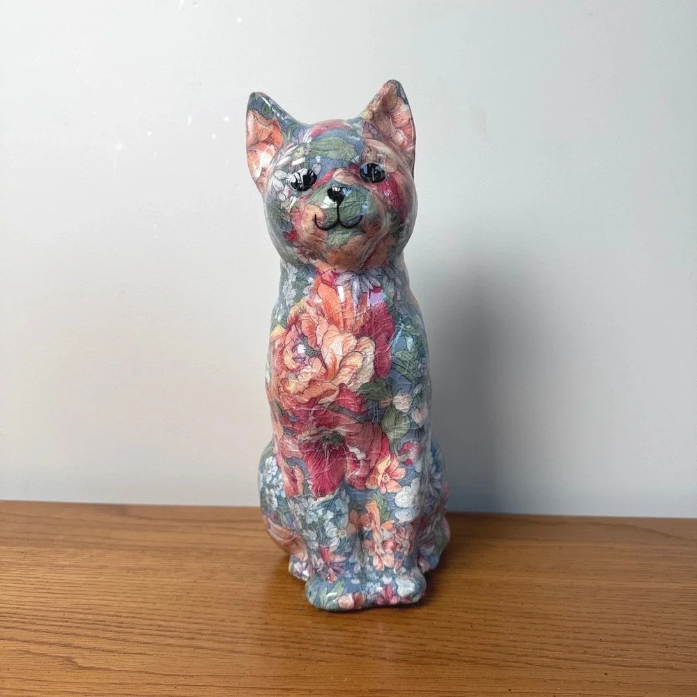Vintage Floral‎ Cat Figurine Ceramic Sitting Kitten Home Decor Collectible